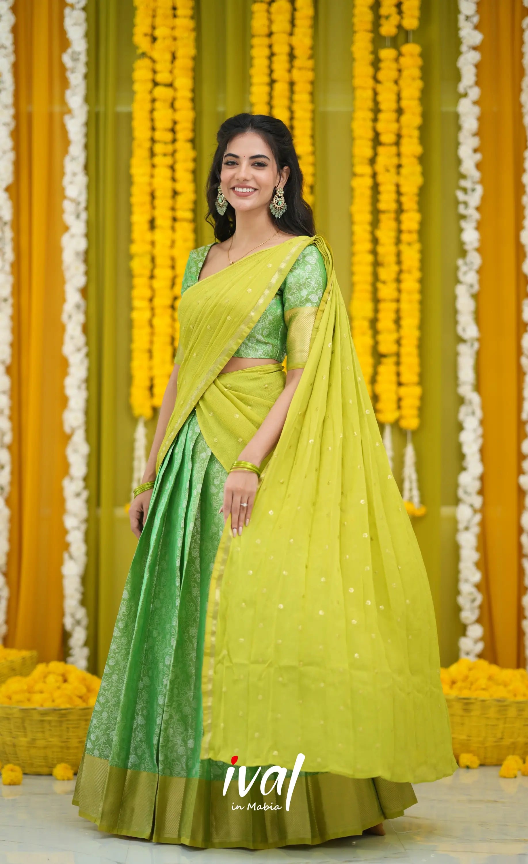 Izhaiyini Organza Halfsaree - Green and Henna Green Half Sarees