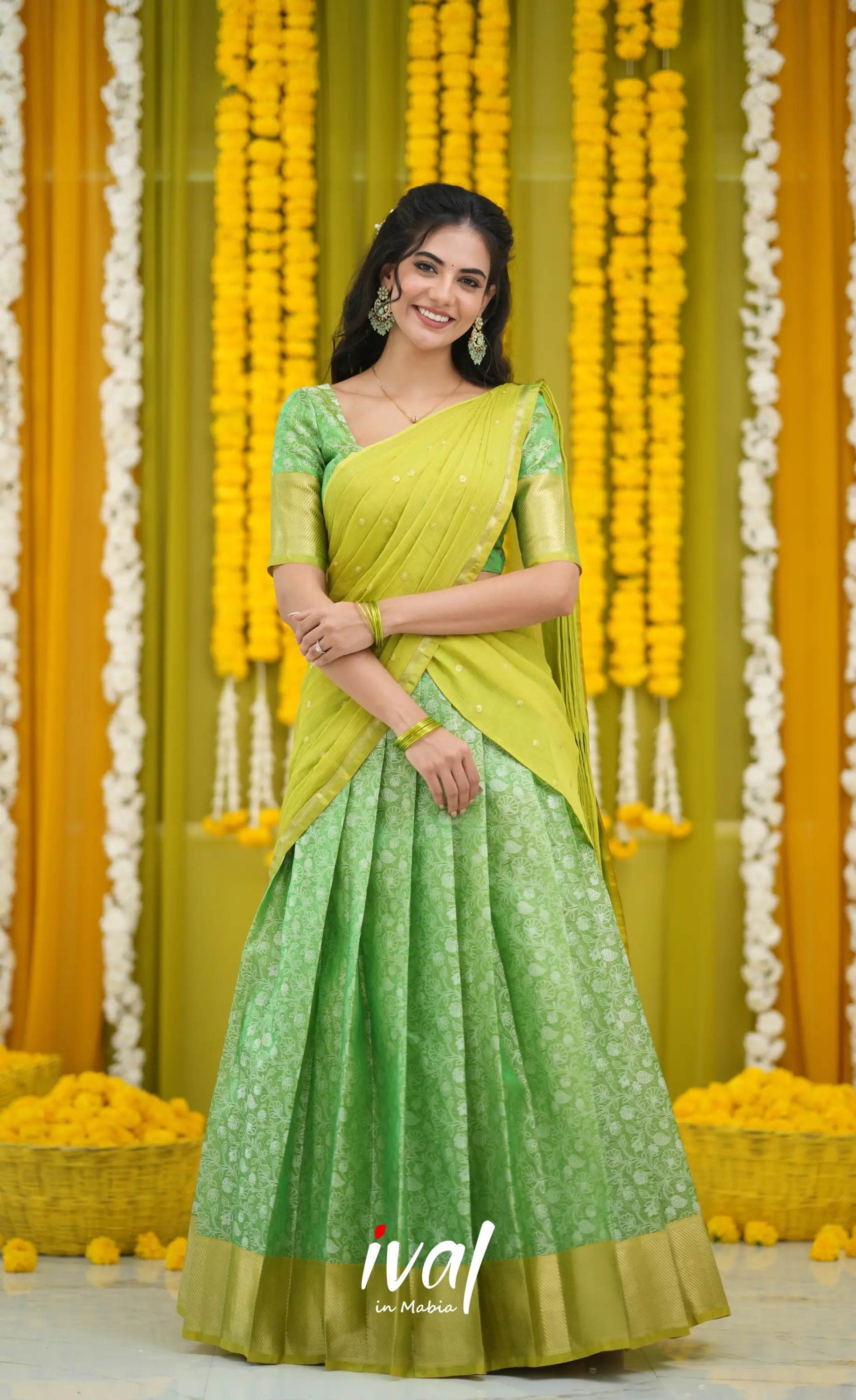Izhaiyini Organza Halfsaree - Green and Henna Green Half Sarees