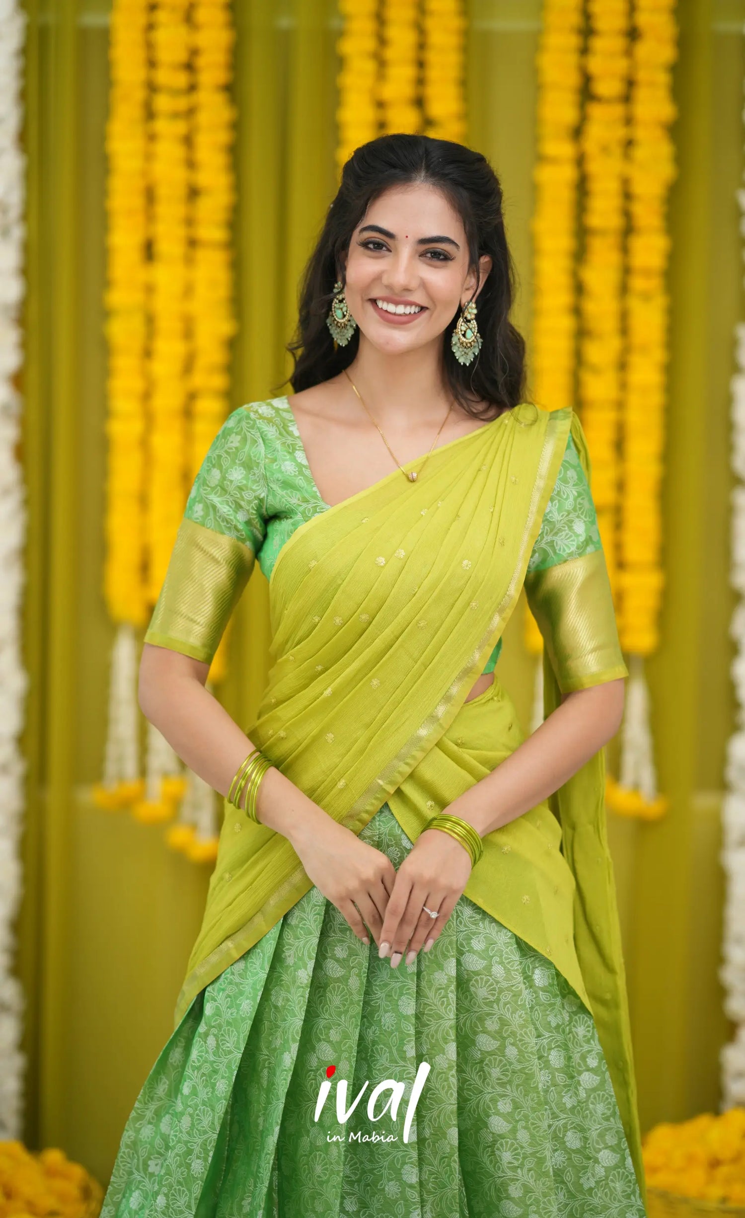Izhaiyini Organza Halfsaree - Green and Henna Green Half Sarees