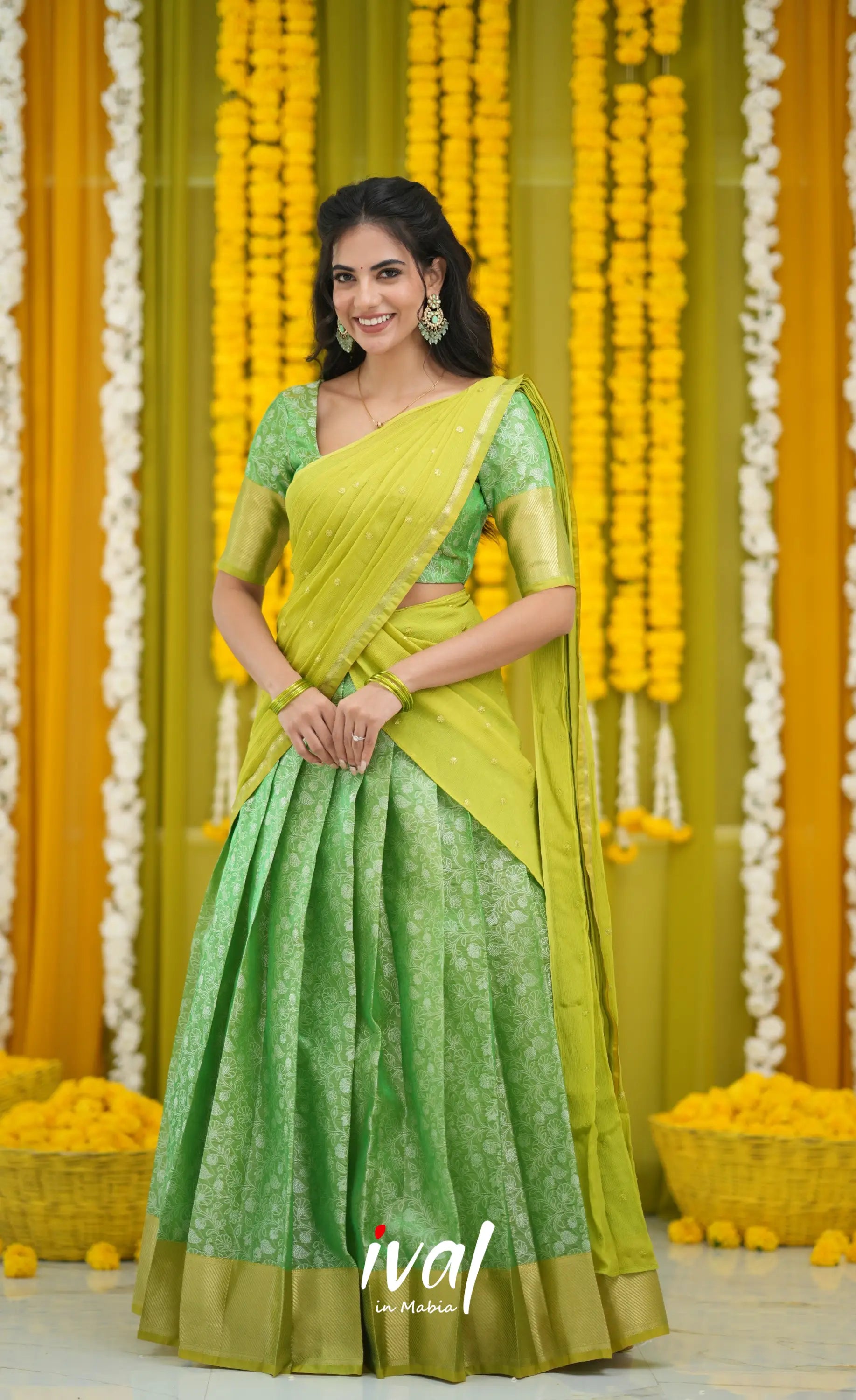 Izhaiyini Organza Halfsaree - Green and Henna Green Half Sarees