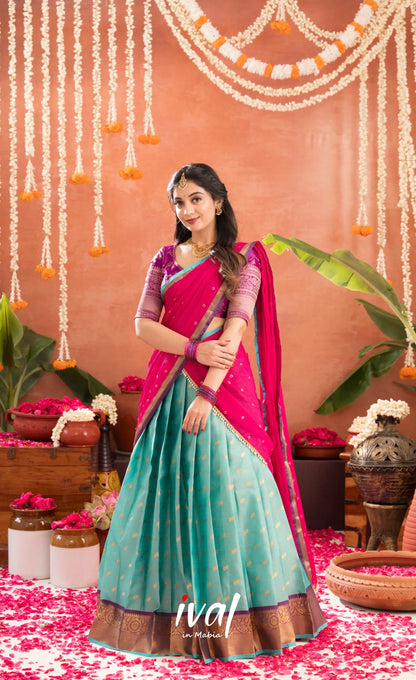 Izhaiyini Organza Halfsaree - Greenish teal and Dark purple - Half Sarees