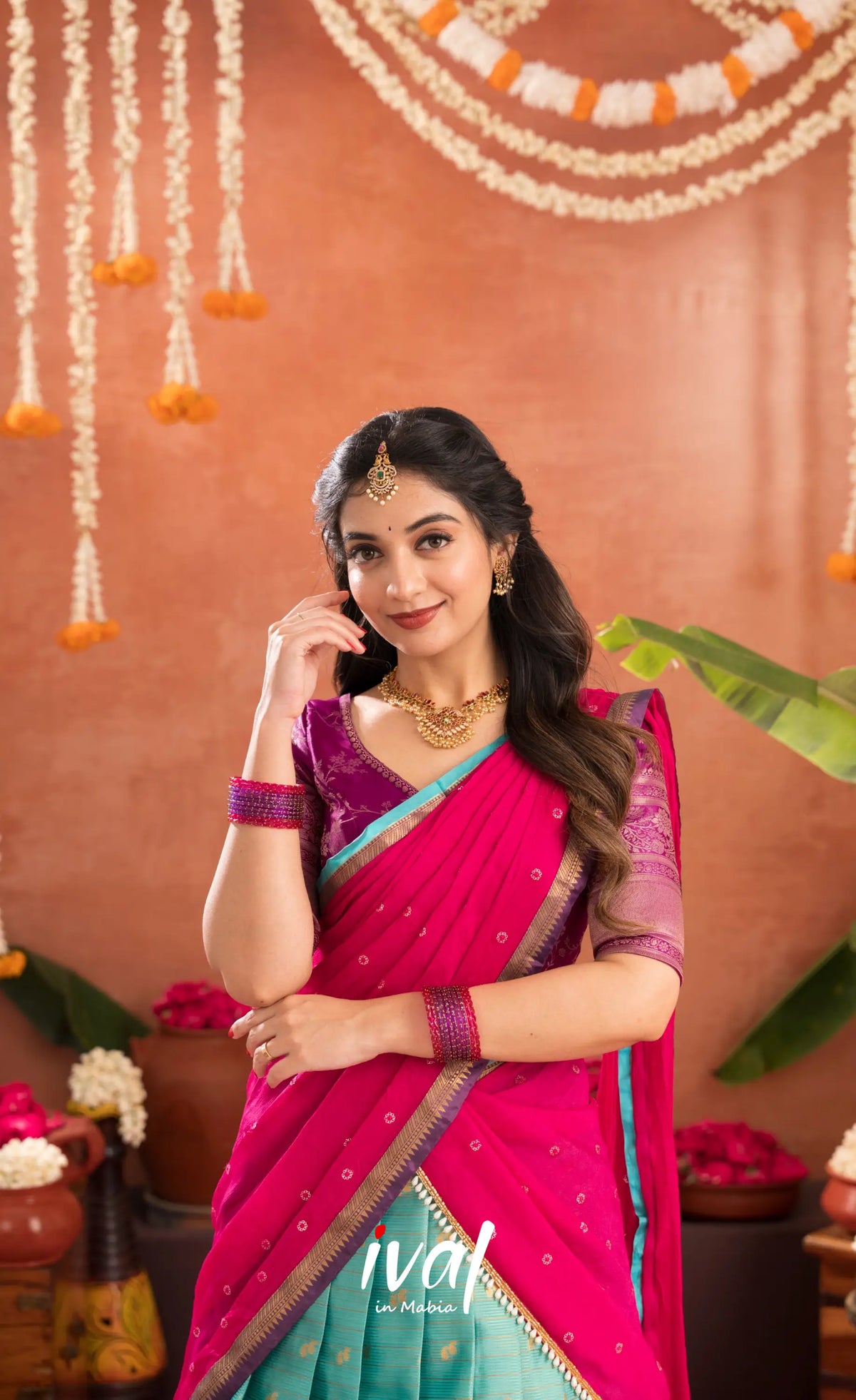 Izhaiyini Organza Halfsaree - Greenish teal and Dark purple - Half Sarees