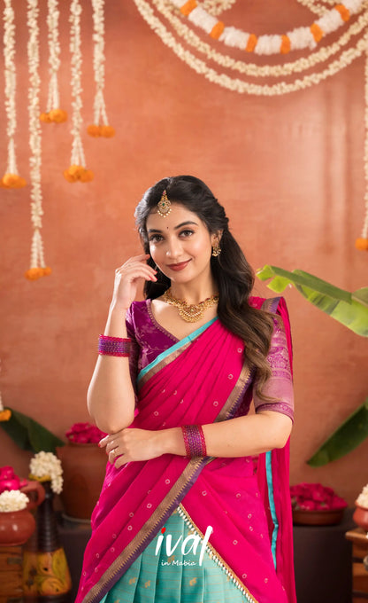 Izhaiyini Organza Halfsaree - Greenish teal and Dark purple - Half Sarees