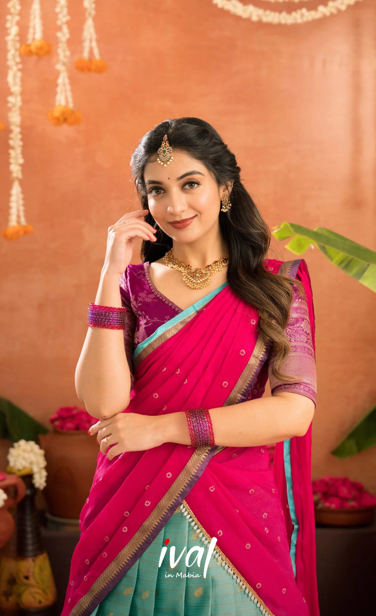 Izhaiyini Organza Halfsaree - Greenish teal and Dark purple - Half Sarees