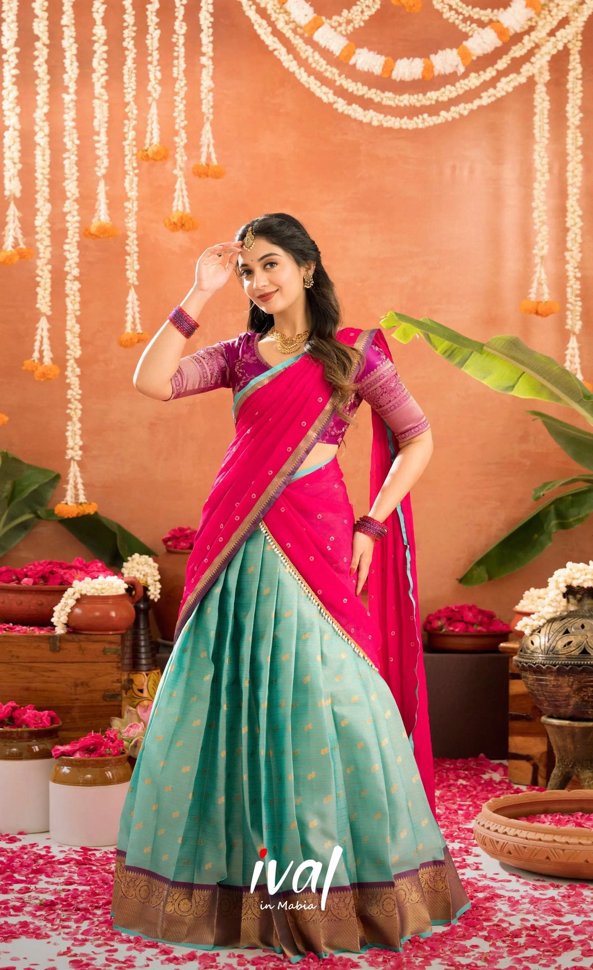 Izhaiyini Organza Halfsaree - Greenish teal and Dark purple - Half Sarees