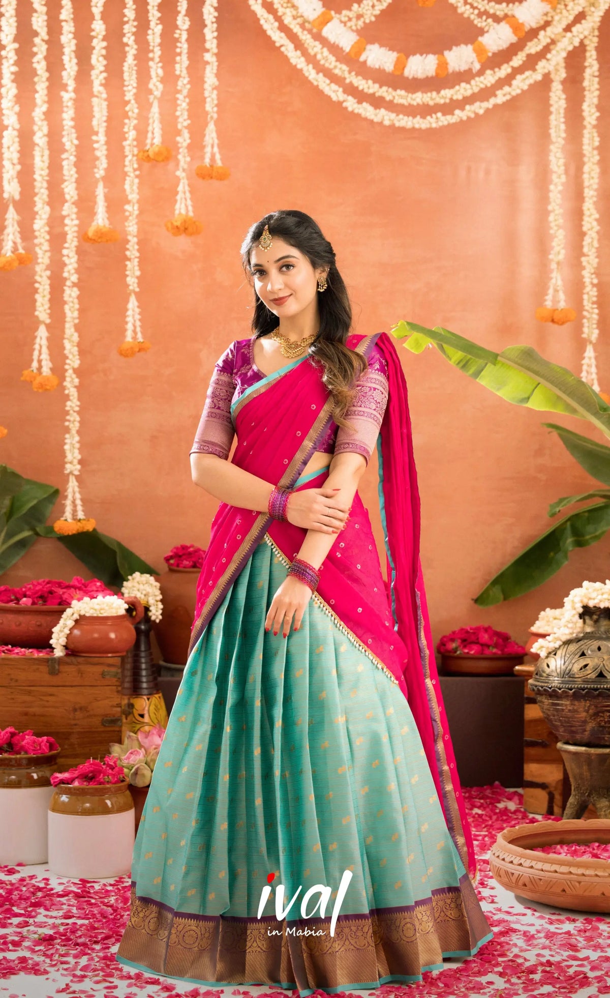 Izhaiyini Organza Halfsaree - Greenish teal and Dark purple - Half Sarees