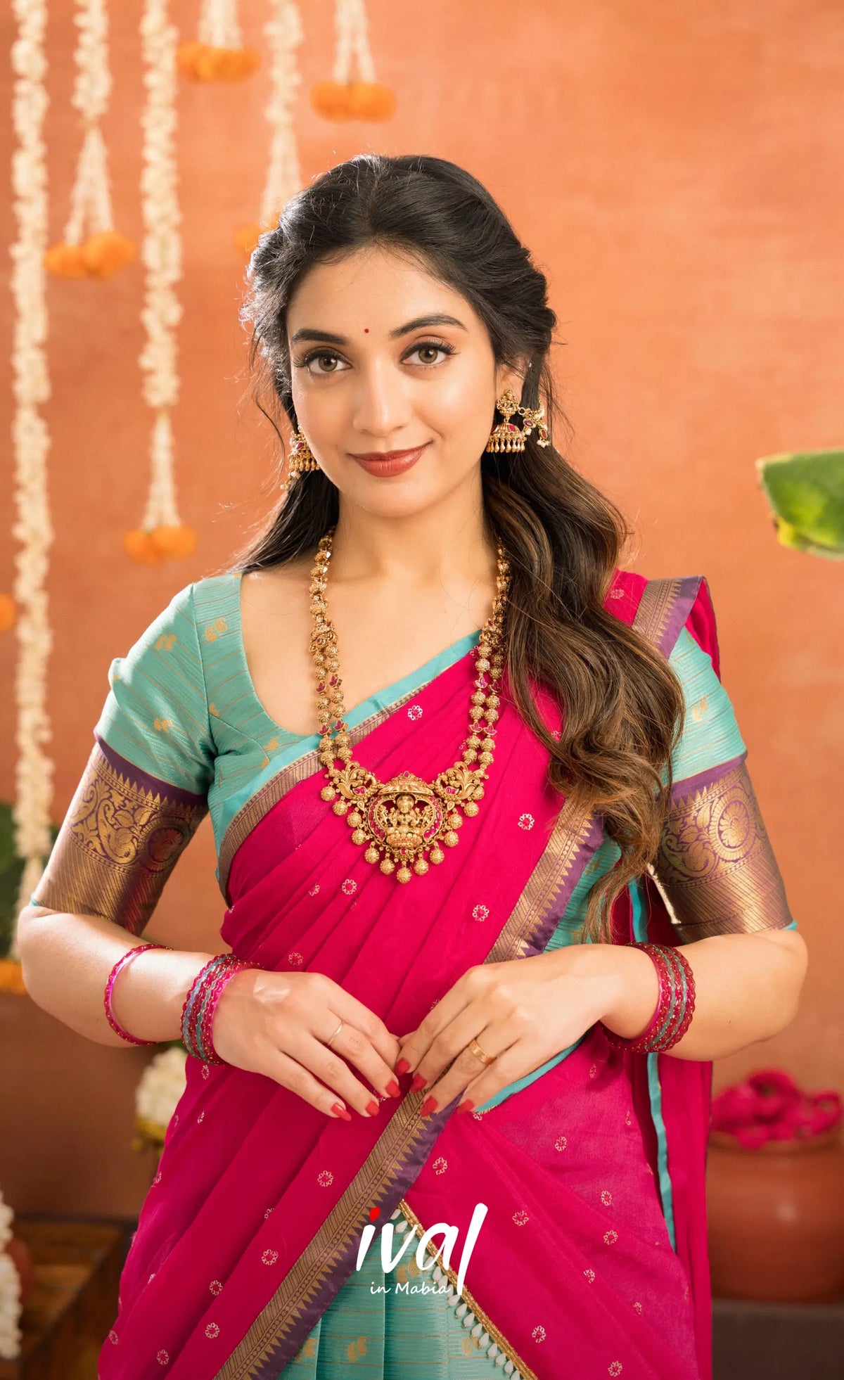 Izhaiyini Organza Halfsaree - Greenish teal and Rani pink - Half Sarees