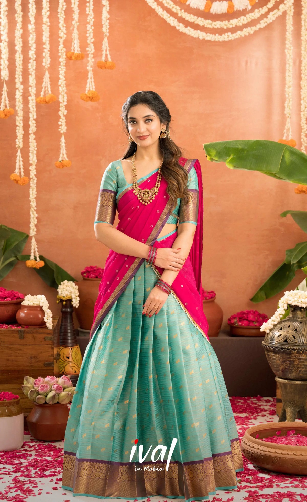 Izhaiyini Organza Halfsaree - Greenish teal and Rani pink - Half Sarees