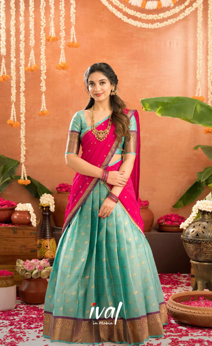 Izhaiyini Organza Halfsaree - Greenish teal and Rani pink - Half Sarees