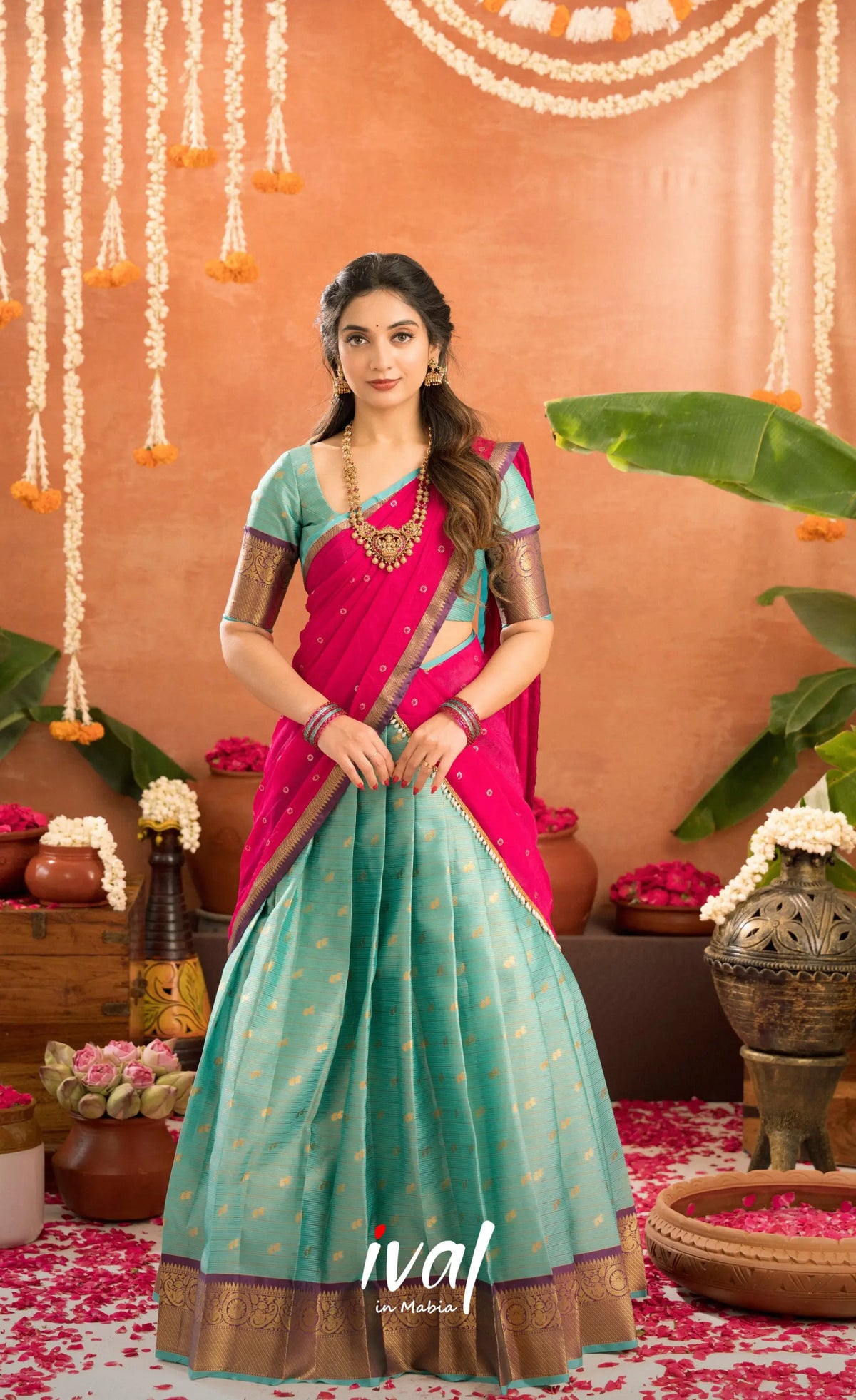 Izhaiyini Organza Halfsaree - Greenish teal and Rani pink - Half Sarees