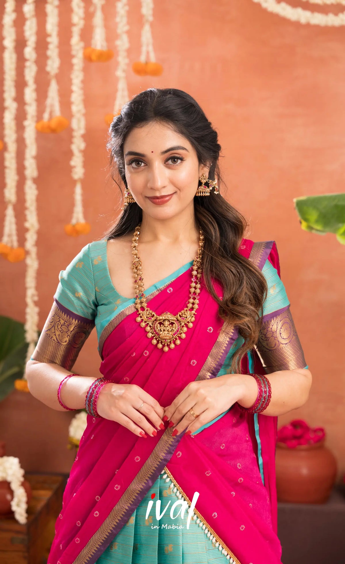 Izhaiyini Organza Halfsaree - Greenish teal and Rani pink - Half Sarees