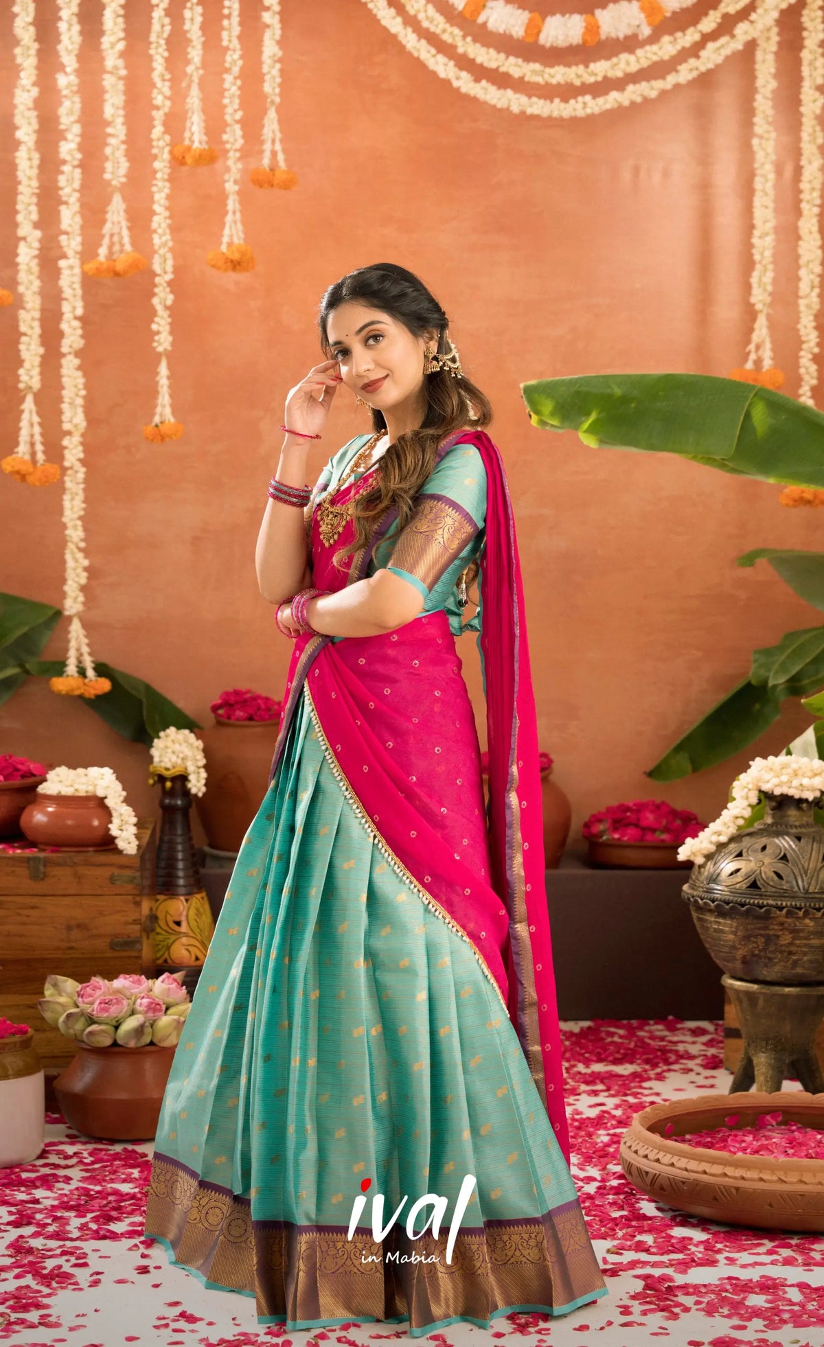 Izhaiyini Organza Halfsaree - Greenish teal and Rani pink - Half Sarees