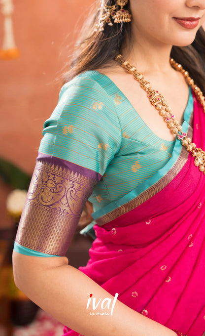Izhaiyini Organza Halfsaree - Greenish teal and Rani pink - Half Sarees
