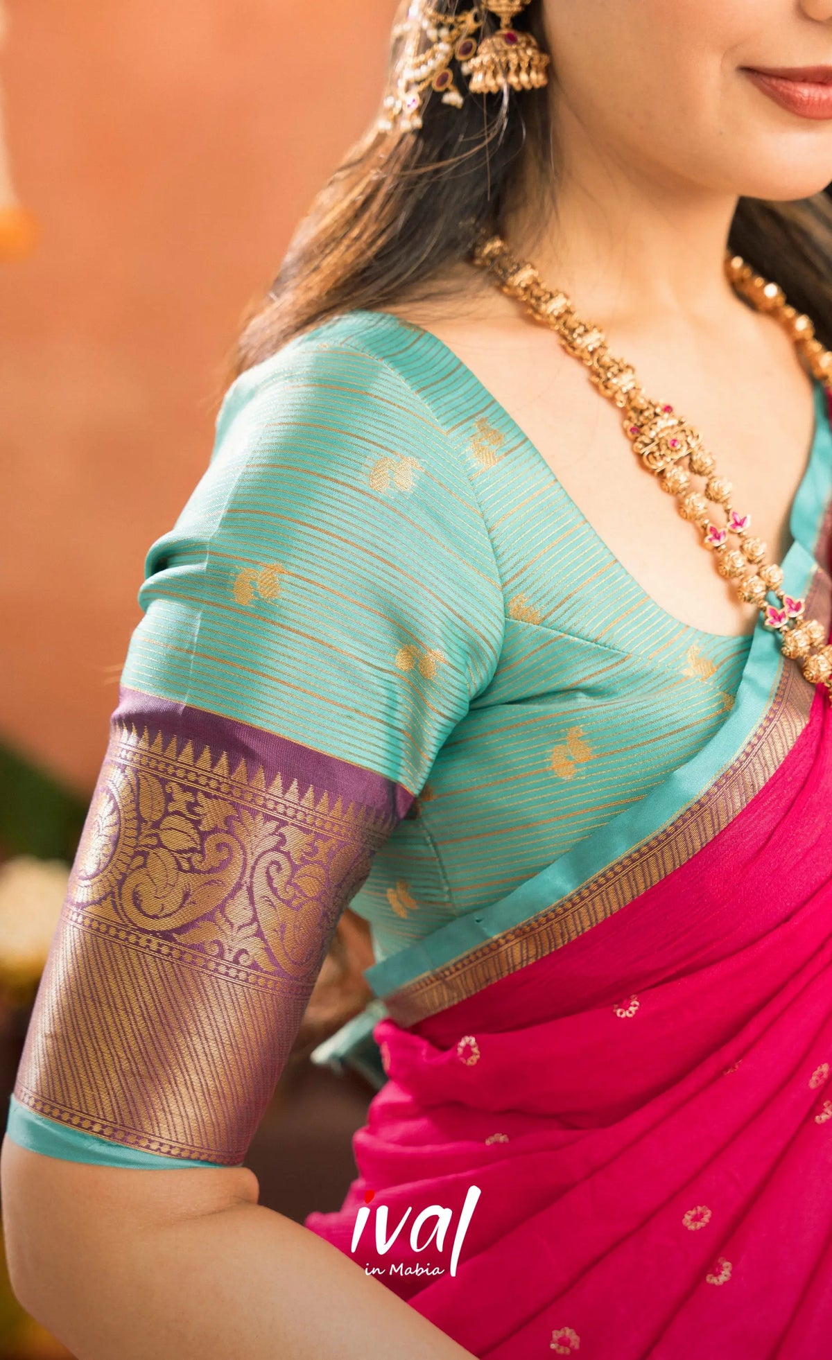 Izhaiyini Organza Halfsaree - Greenish teal and Rani pink - Half Sarees