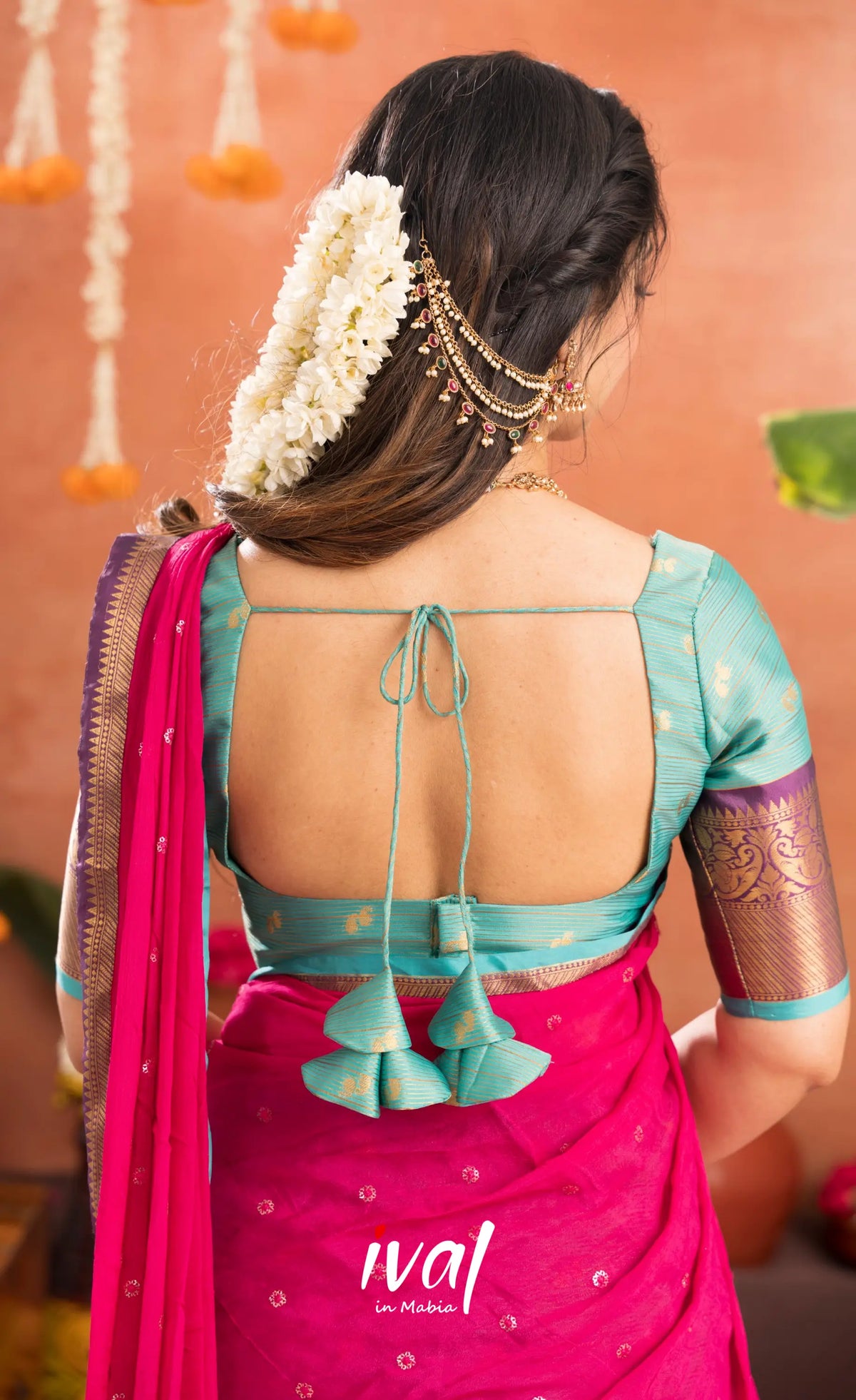Izhaiyini Organza Halfsaree - Greenish teal and Rani pink - Half Sarees