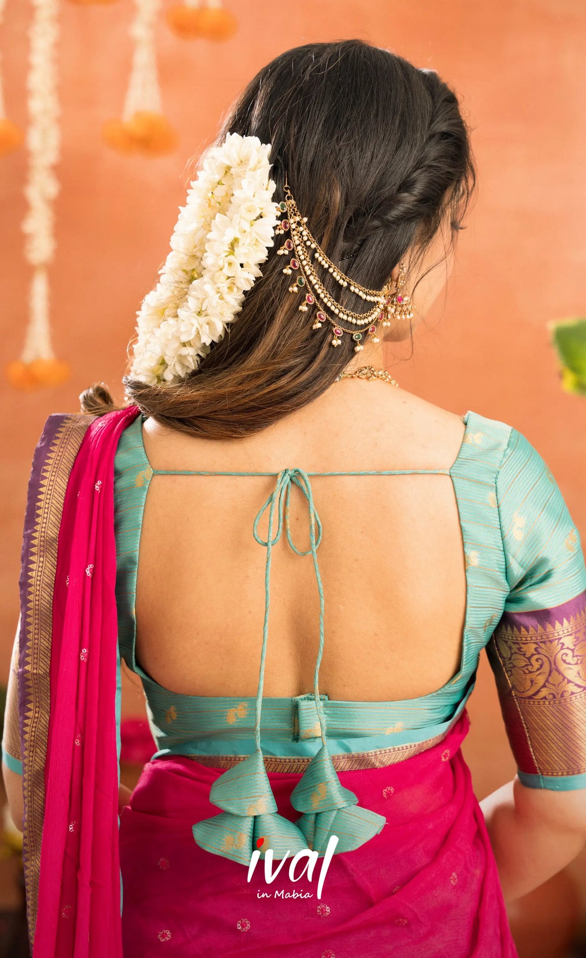Izhaiyini Organza Halfsaree - Greenish teal and Rani pink - Half Sarees