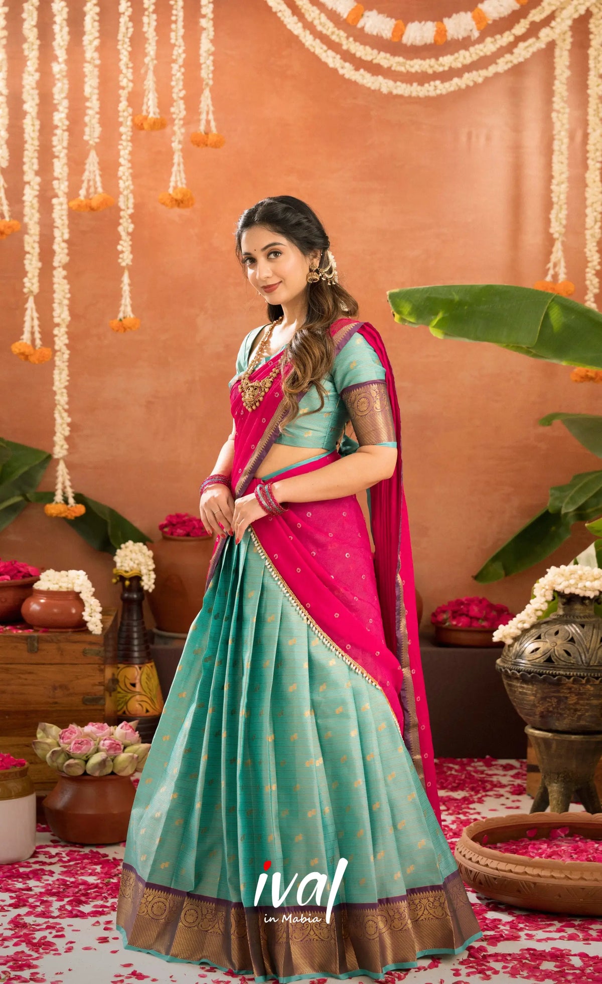 Izhaiyini Organza Halfsaree - Greenish teal and Rani pink - Half Sarees