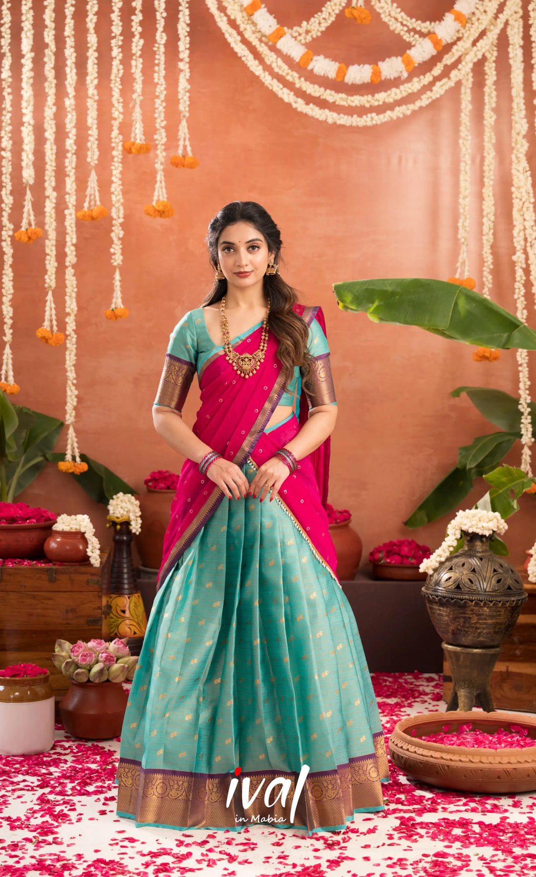 Izhaiyini Organza Halfsaree - Greenish teal and Rani pink - Half Sarees