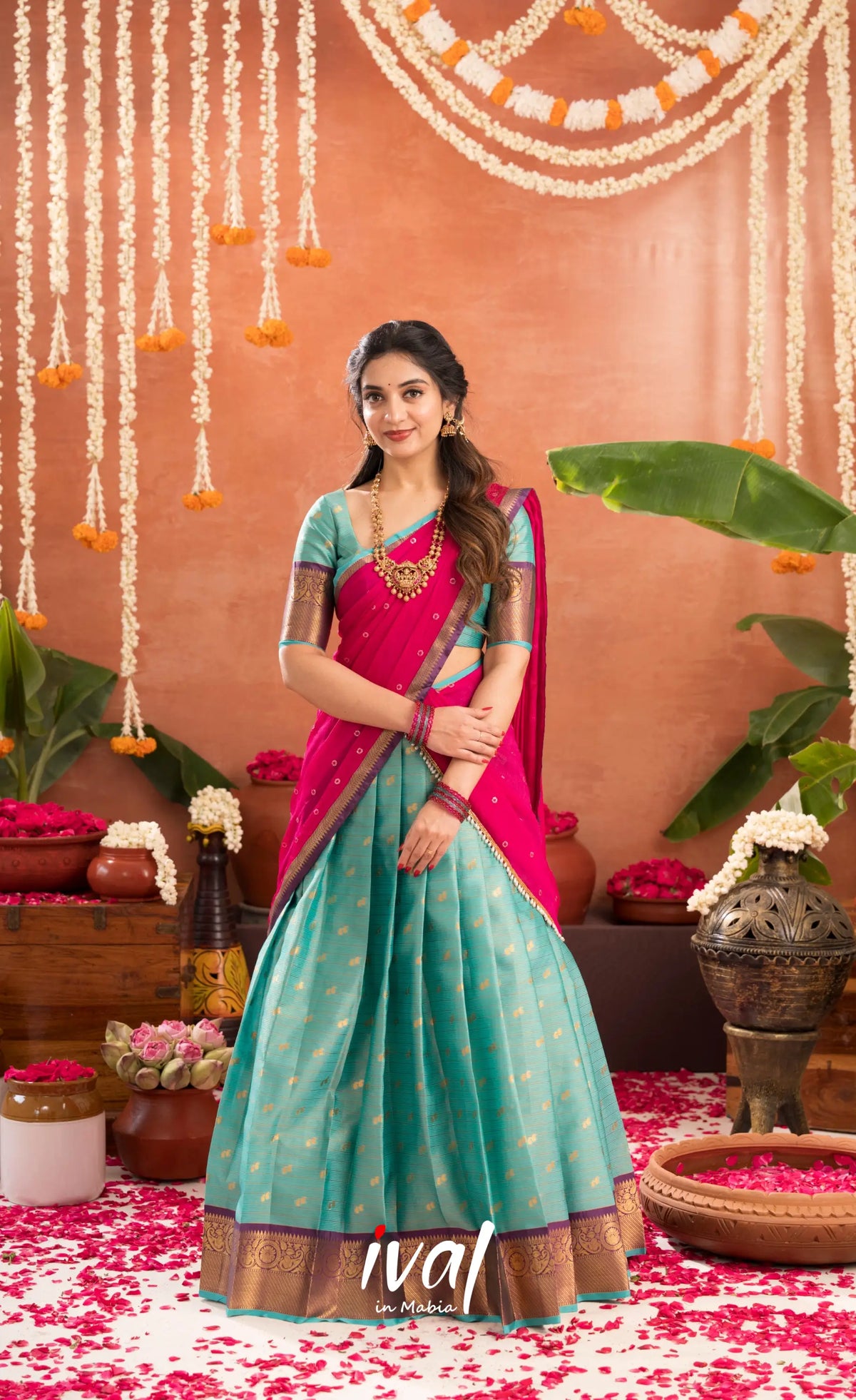 Izhaiyini Organza Halfsaree - Greenish teal and Rani pink - Half Sarees