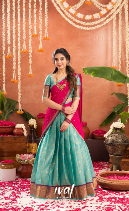 Izhaiyini Organza Halfsaree - Greenish teal and Rani pink - Half Sarees