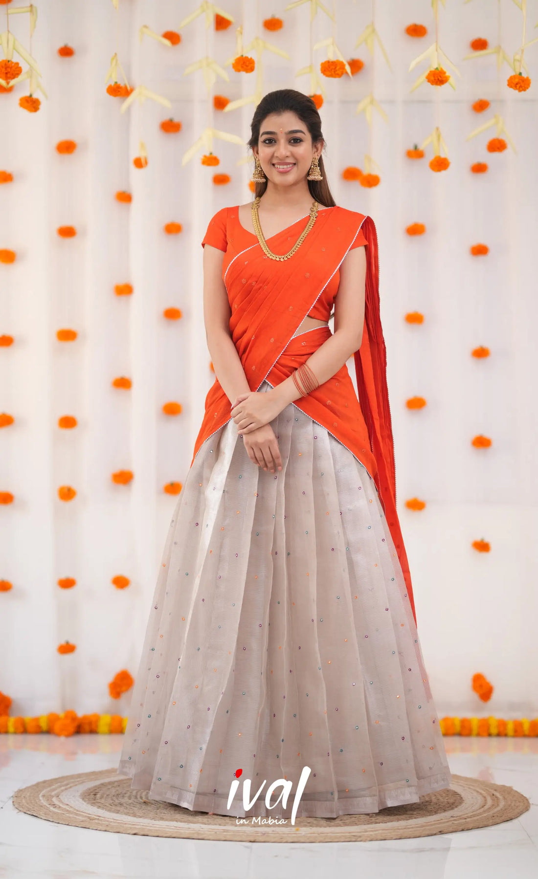 Izhaiyini Organza Halfsaree - Grey and Bright Orange Half Sarees