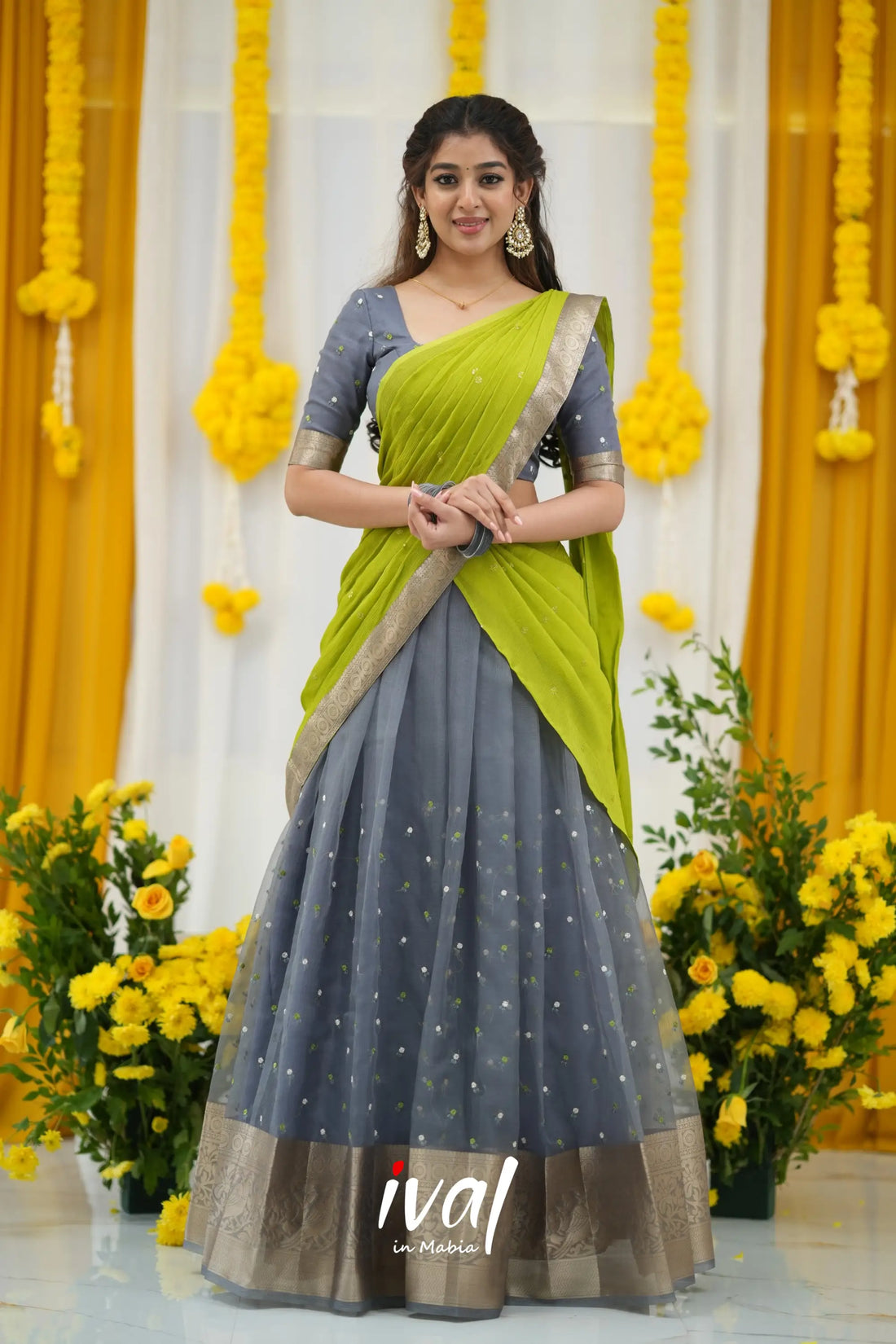 Izhaiyini Organza Halfsaree - Grey and Leaf Green Half Sarees