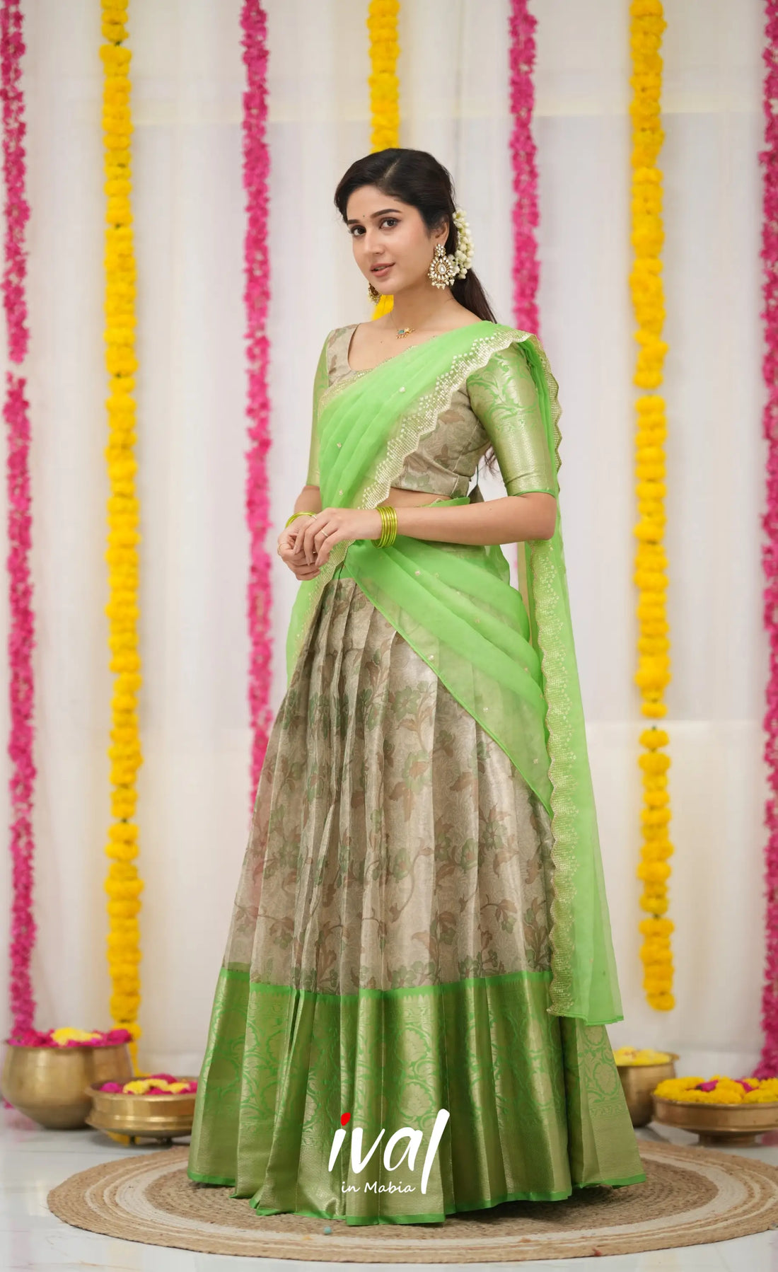 Izhaiyini Organza Halfsaree - Grey and Light Green Half Sarees