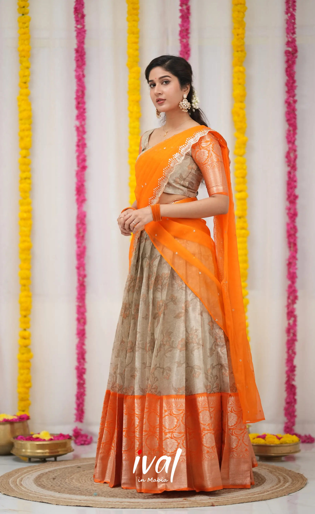 Izhaiyini Organza Halfsaree - Grey and Orange Half Sarees