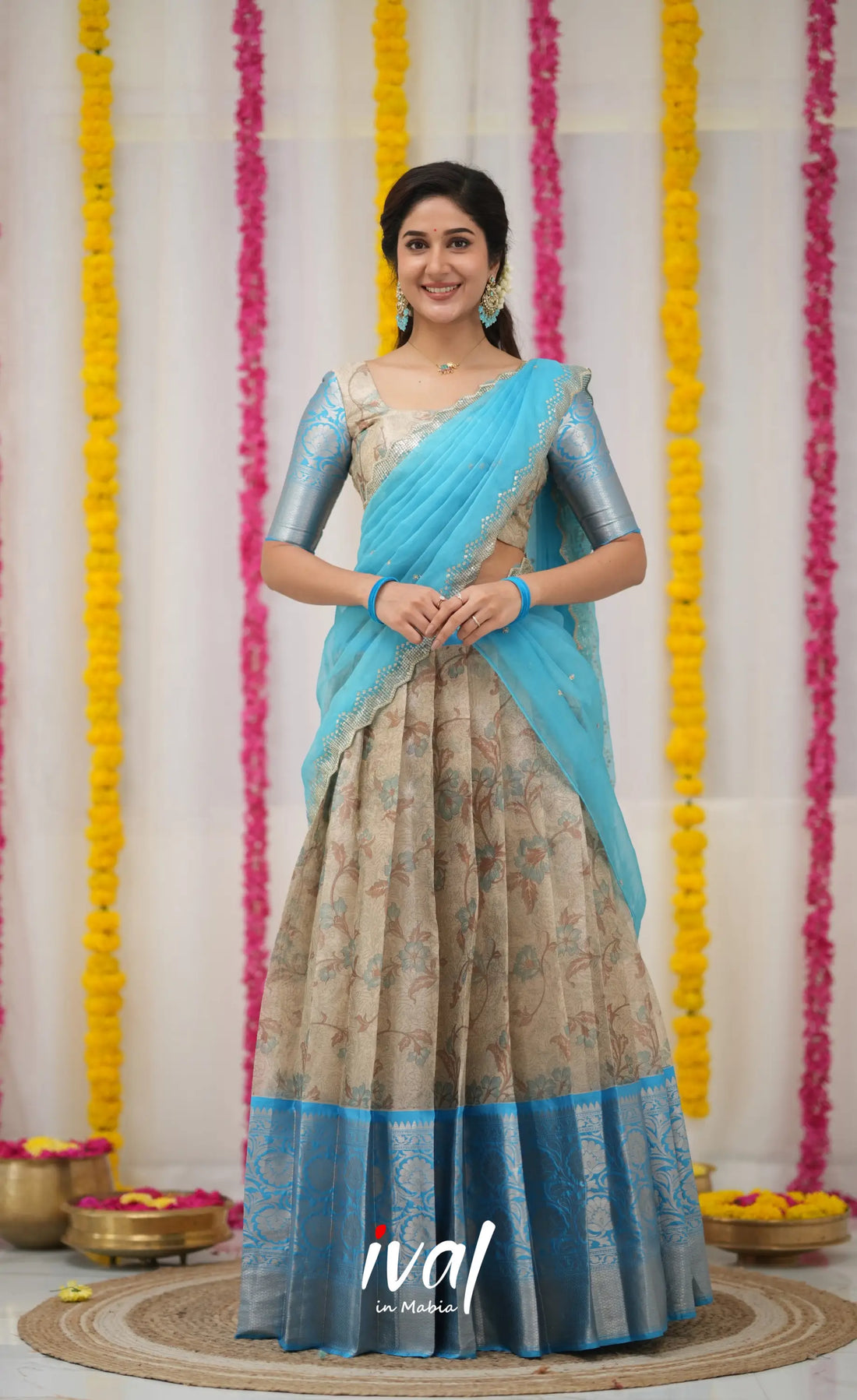 Izhaiyini Organza Halfsaree - Grey and Sky Blue Half Sarees