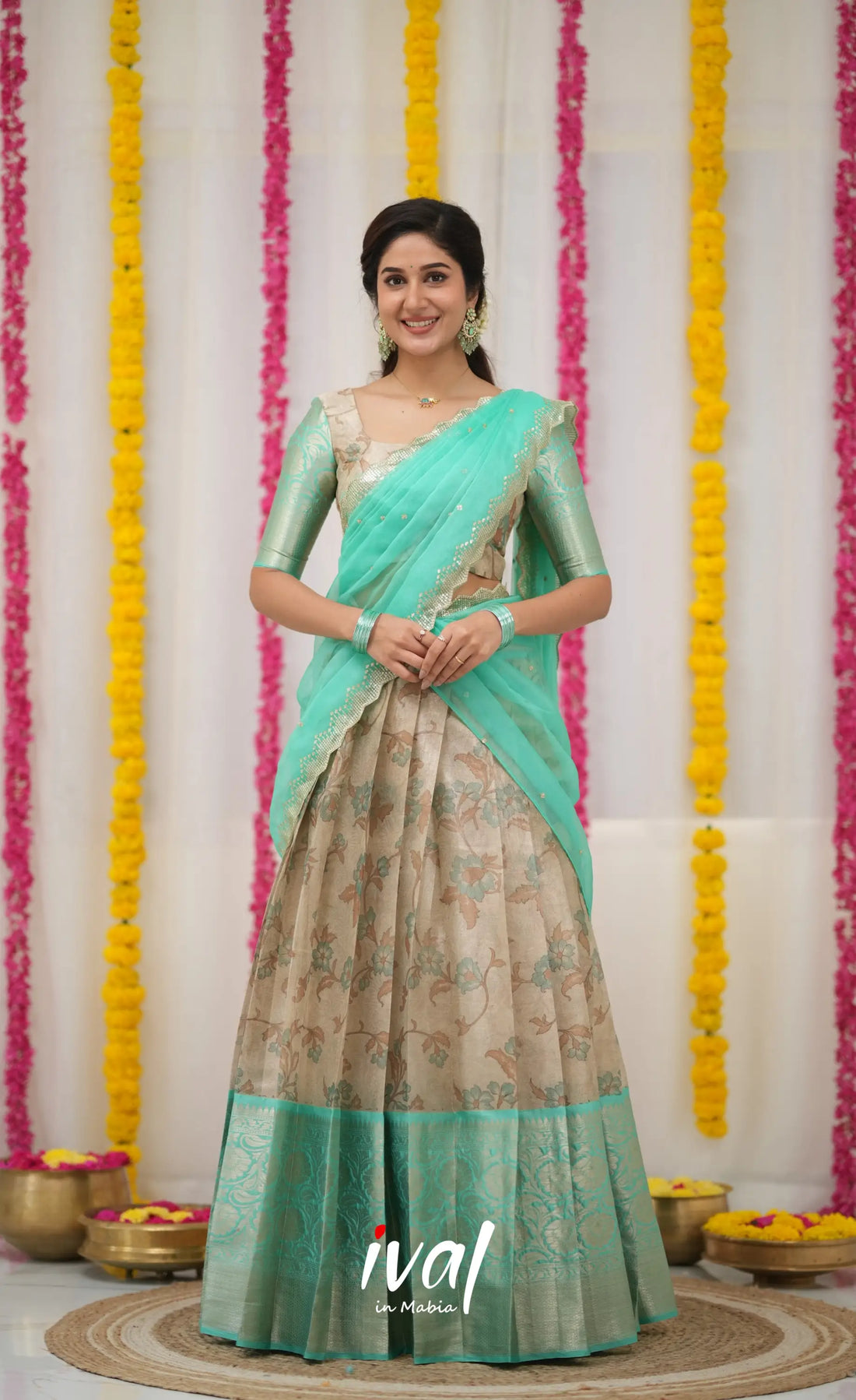 Izhaiyini Organza Halfsaree - Grey and Teal Blue Half Sarees