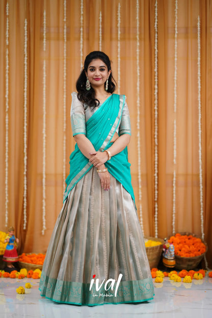 Izhaiyini Organza Halfsaree - Grey And Teal Half Sarees