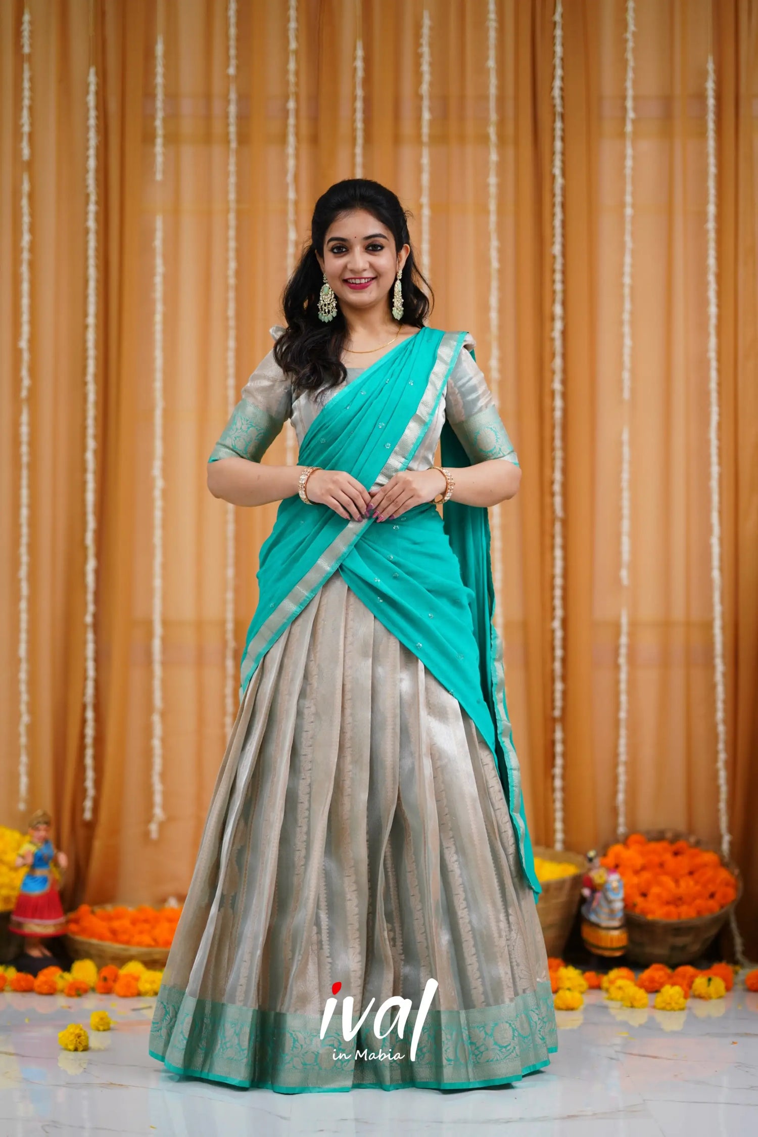 Izhaiyini Organza Halfsaree - Grey And Teal Half Sarees