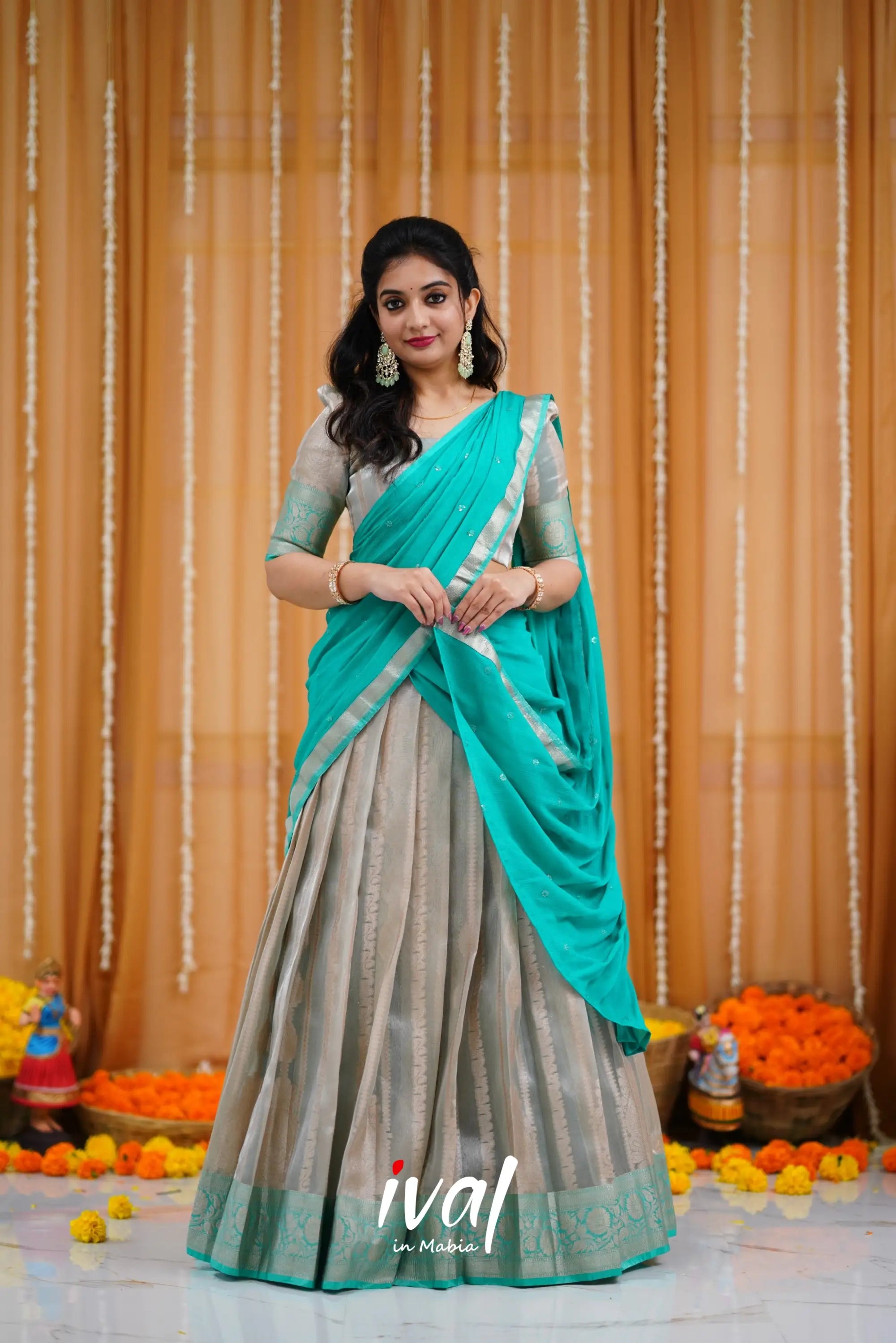 Izhaiyini Organza Halfsaree - Grey And Teal Half Sarees