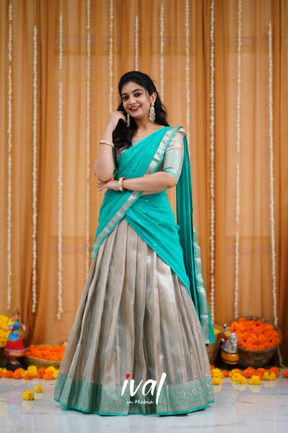 Izhaiyini Organza Halfsaree - Grey And Teal Half Sarees