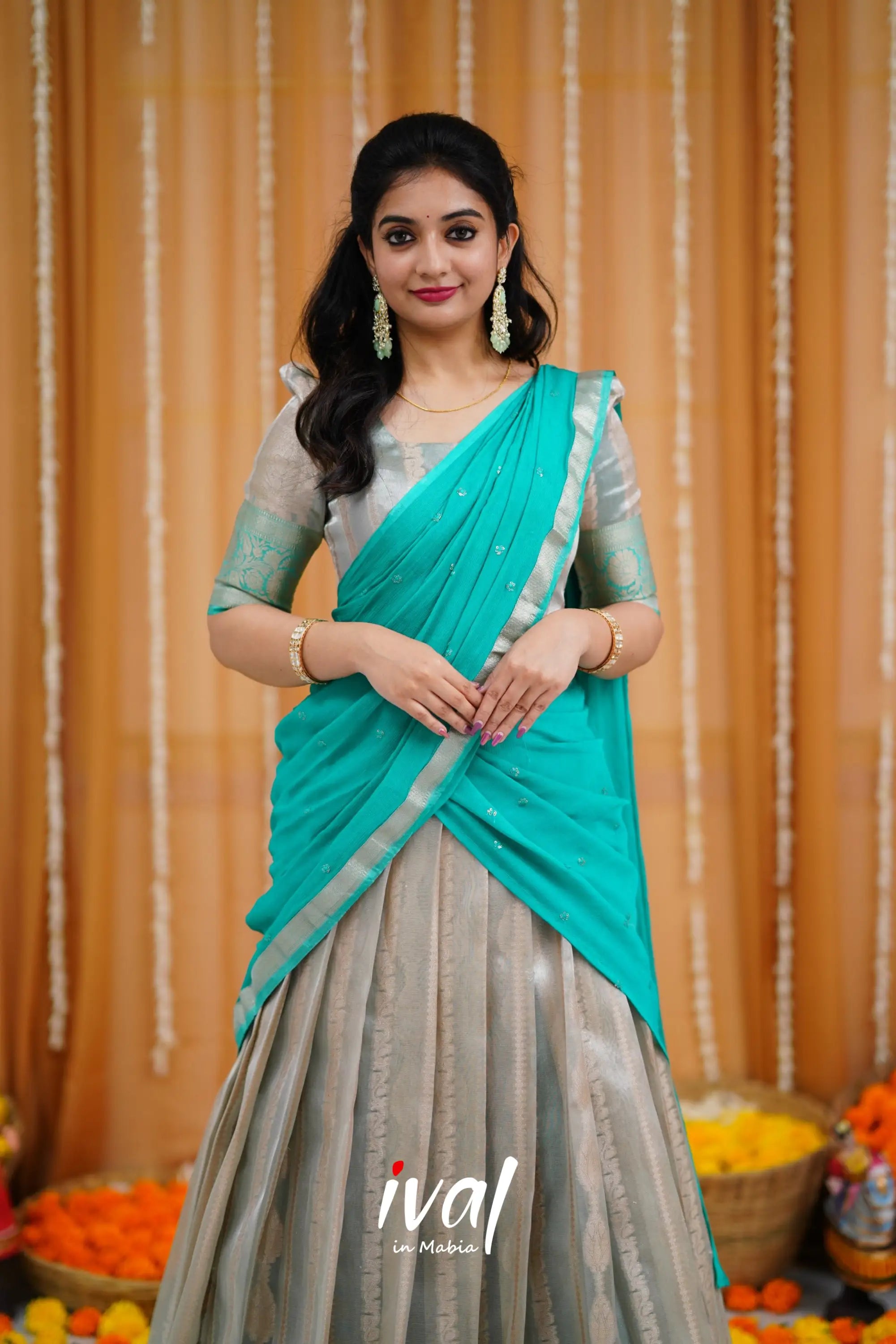 Izhaiyini Organza Halfsaree - Grey And Teal Half Sarees