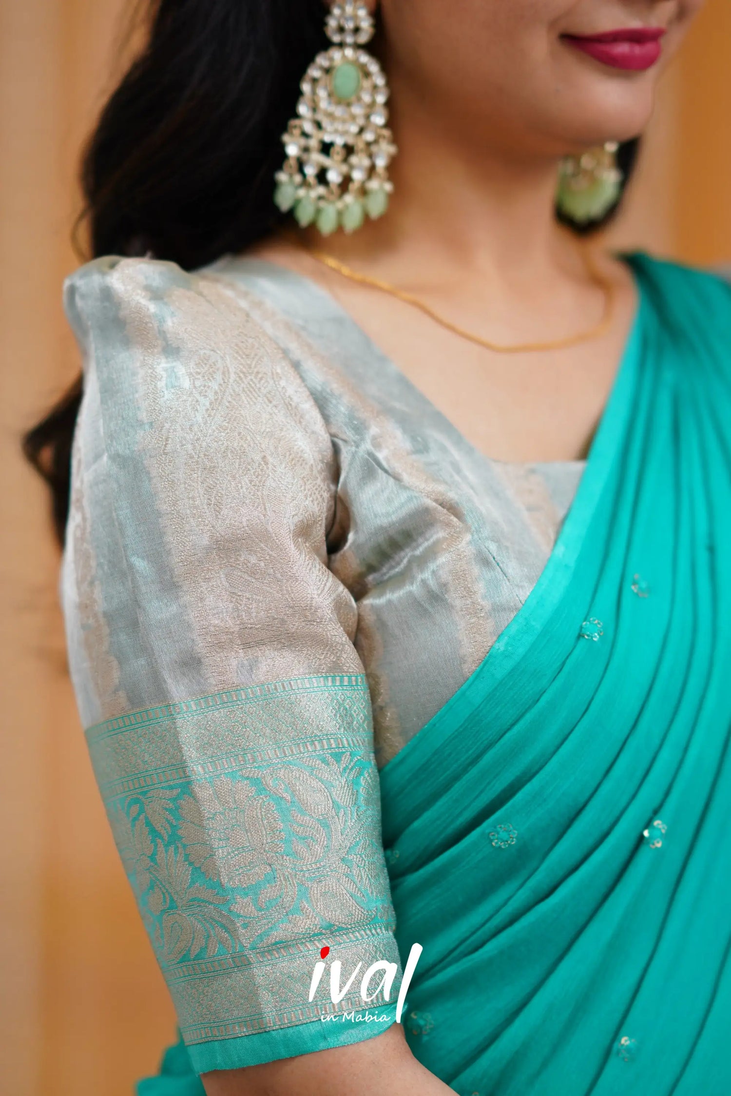 Izhaiyini Organza Halfsaree - Grey And Teal Half Sarees