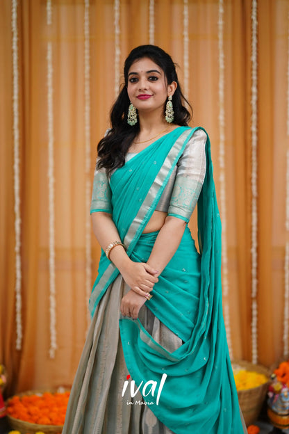 Izhaiyini Organza Halfsaree - Grey And Teal Half Sarees