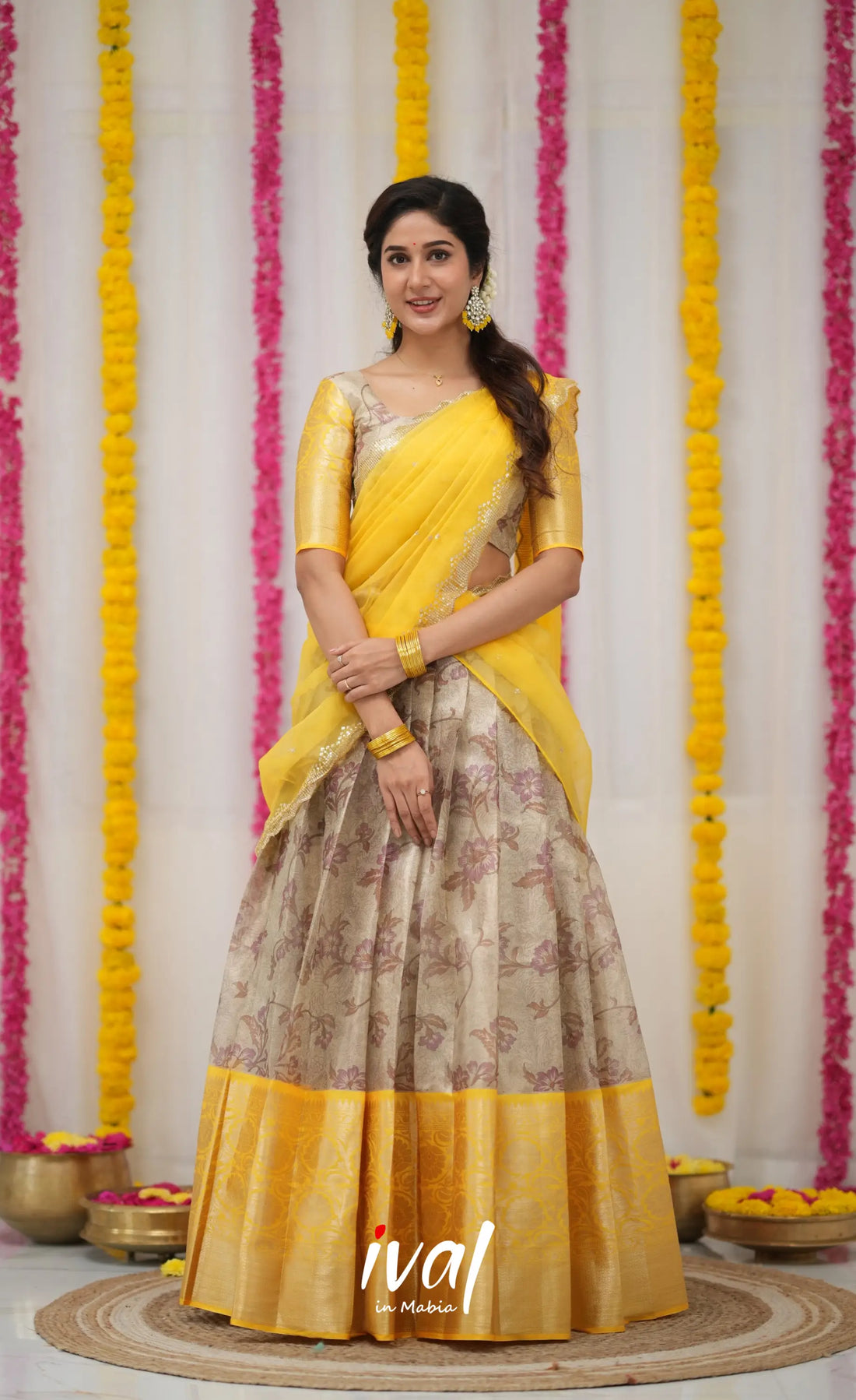 Izhaiyini Organza Halfsaree - Grey and Yellow Half Sarees