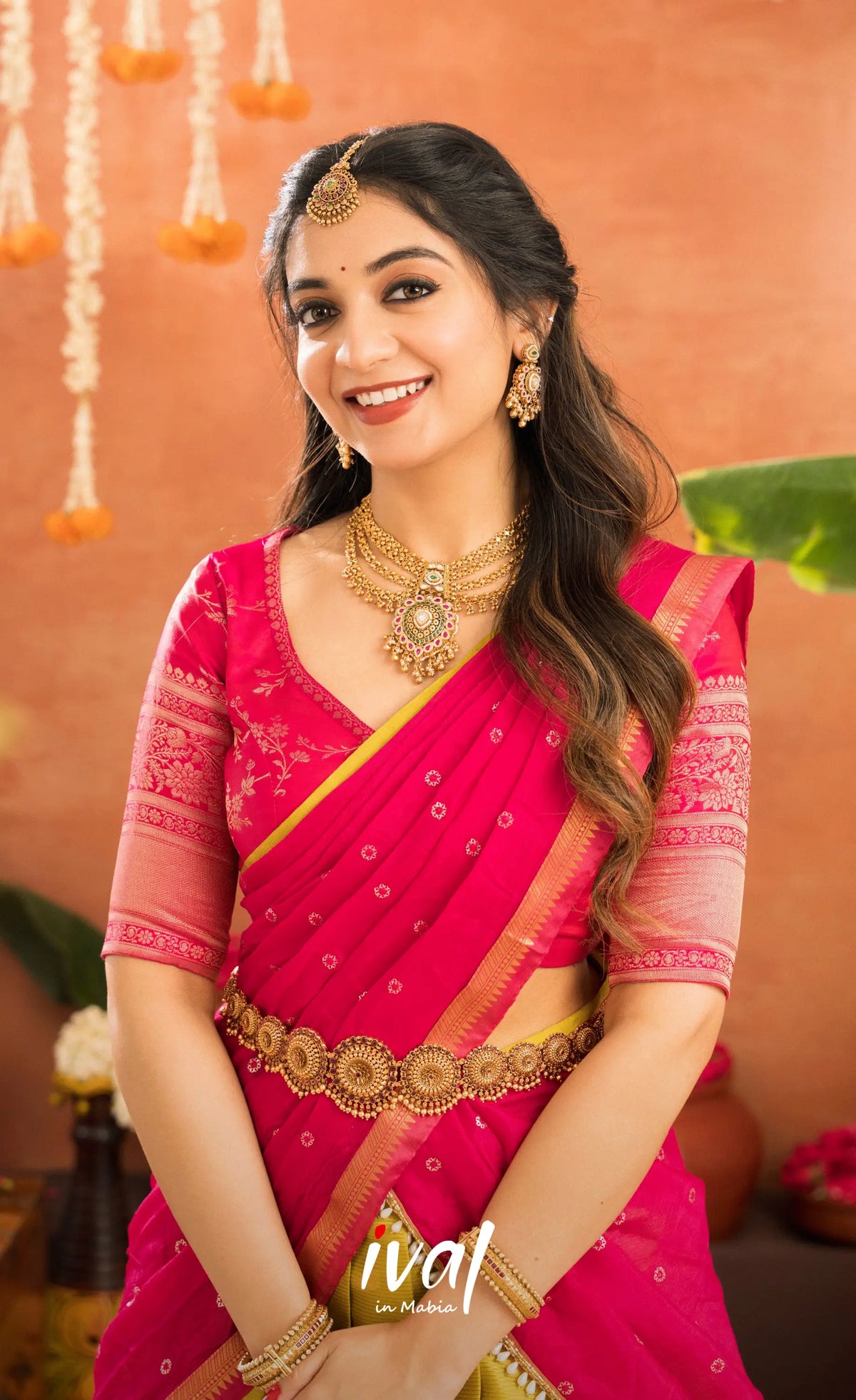 Izhaiyini Organza Halfsaree - Henna Yellow and Rani pink - Half Sarees