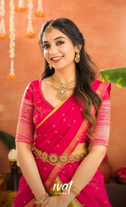 Izhaiyini Organza Halfsaree - Henna Yellow and Rani pink - Half Sarees
