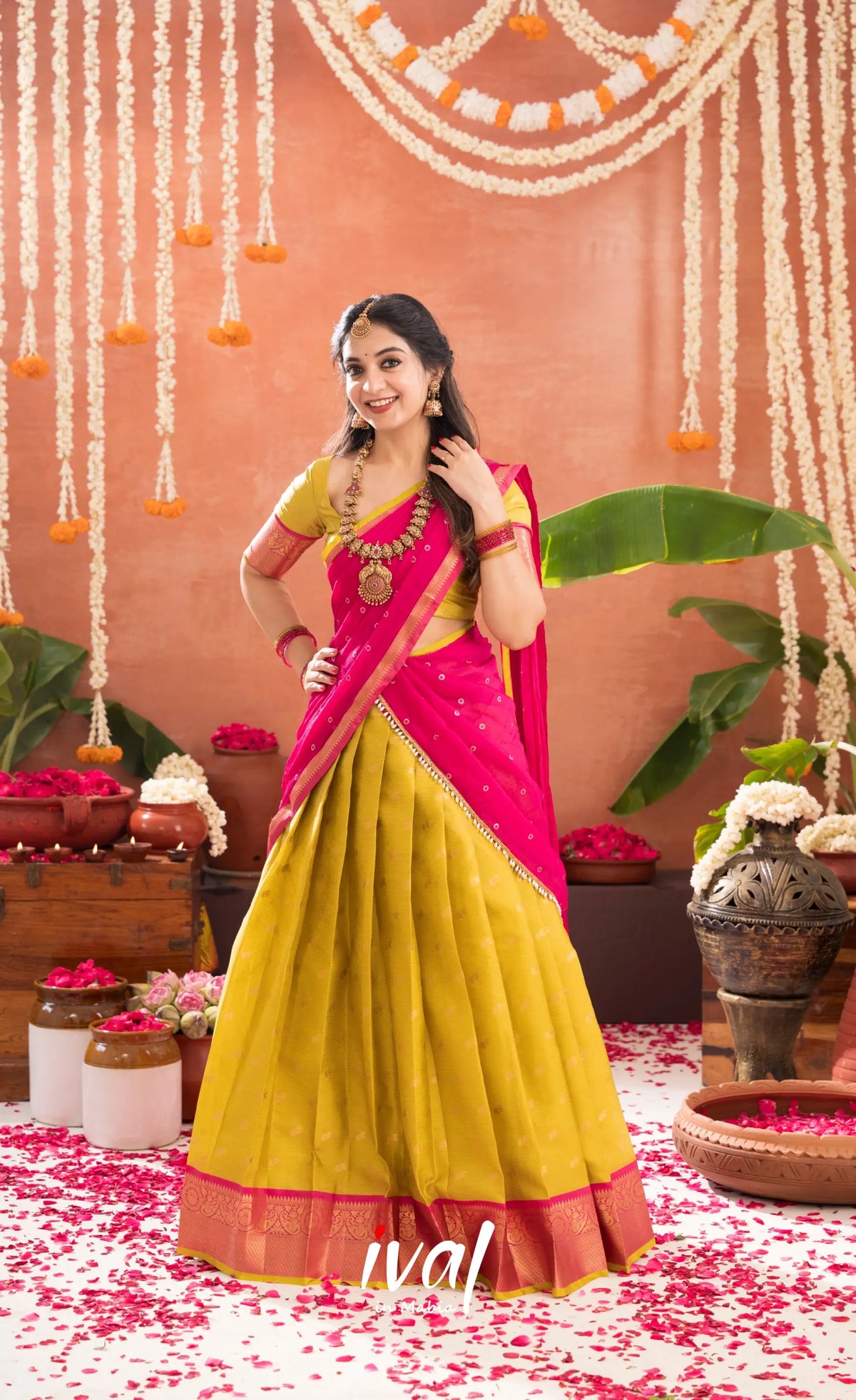 Izhaiyini Organza Halfsaree - Henna Yellow and Rani pink - Half Sarees