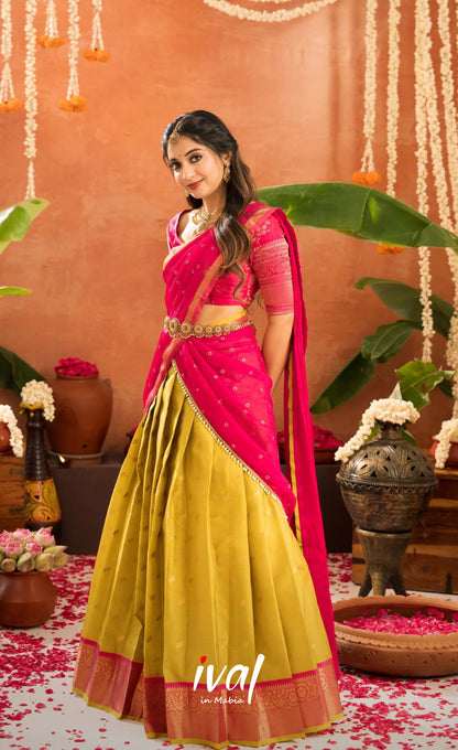 Izhaiyini Organza Halfsaree - Henna Yellow and Rani pink - Half Sarees