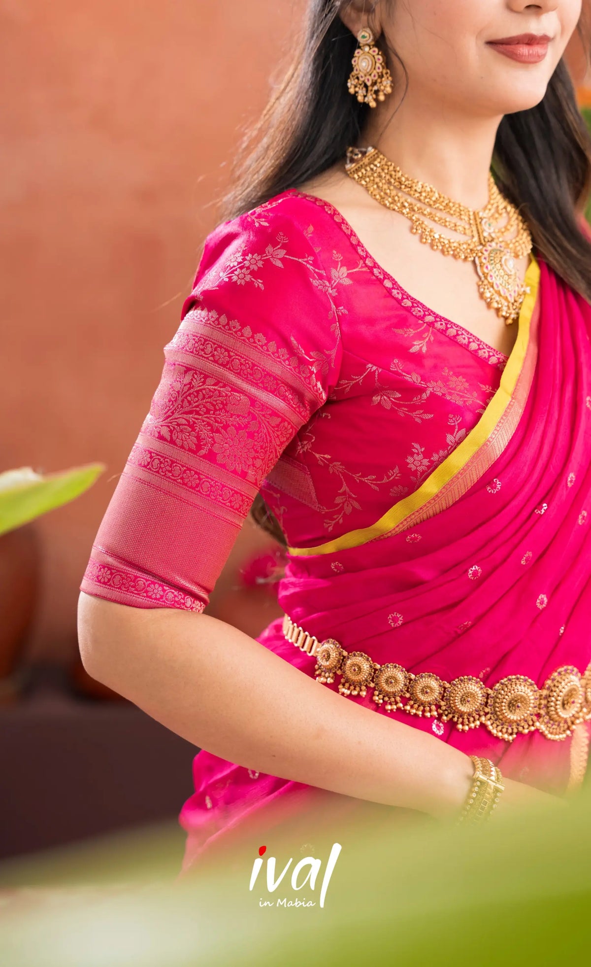 Izhaiyini Organza Halfsaree - Henna Yellow and Rani pink - Half Sarees