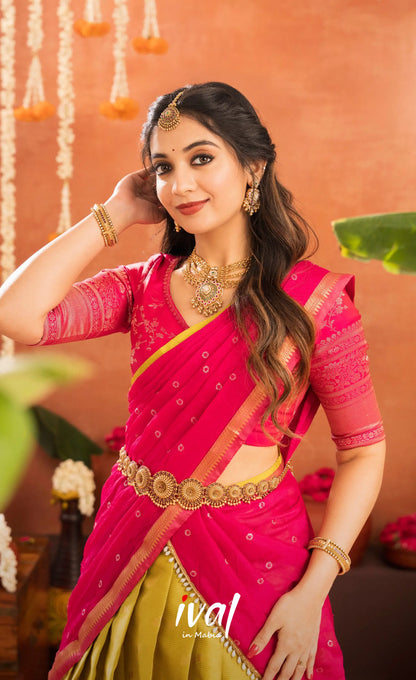 Izhaiyini Organza Halfsaree - Henna Yellow and Rani pink - Half Sarees