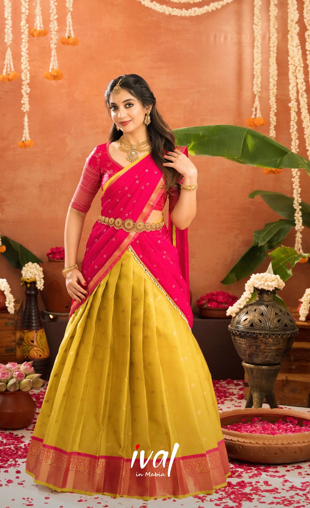 Izhaiyini Organza Halfsaree - Henna Yellow and Rani pink - Half Sarees