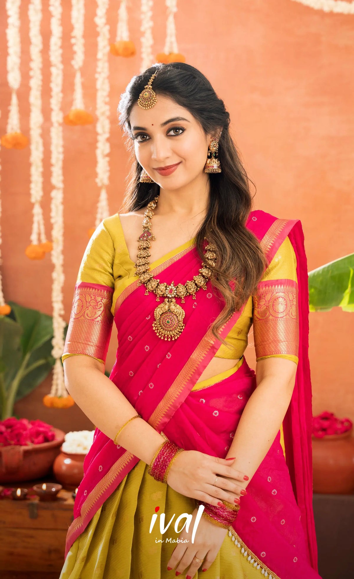 Izhaiyini Organza Halfsaree - Henna Yellow and Rani pink - Half Sarees