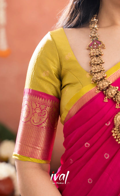 Izhaiyini Organza Halfsaree - Henna Yellow and Rani pink - Half Sarees