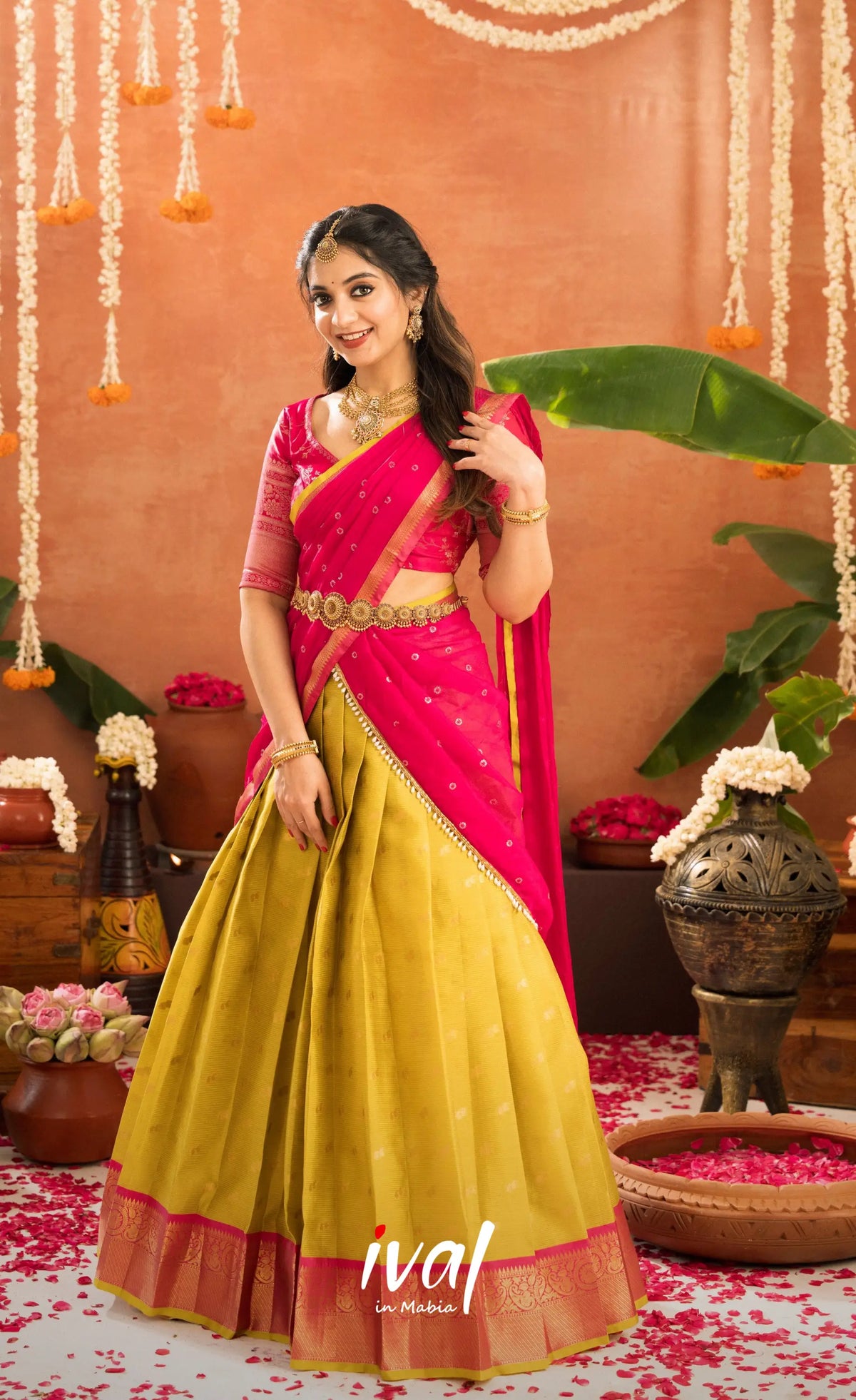 Izhaiyini Organza Halfsaree - Henna Yellow and Rani pink - Half Sarees