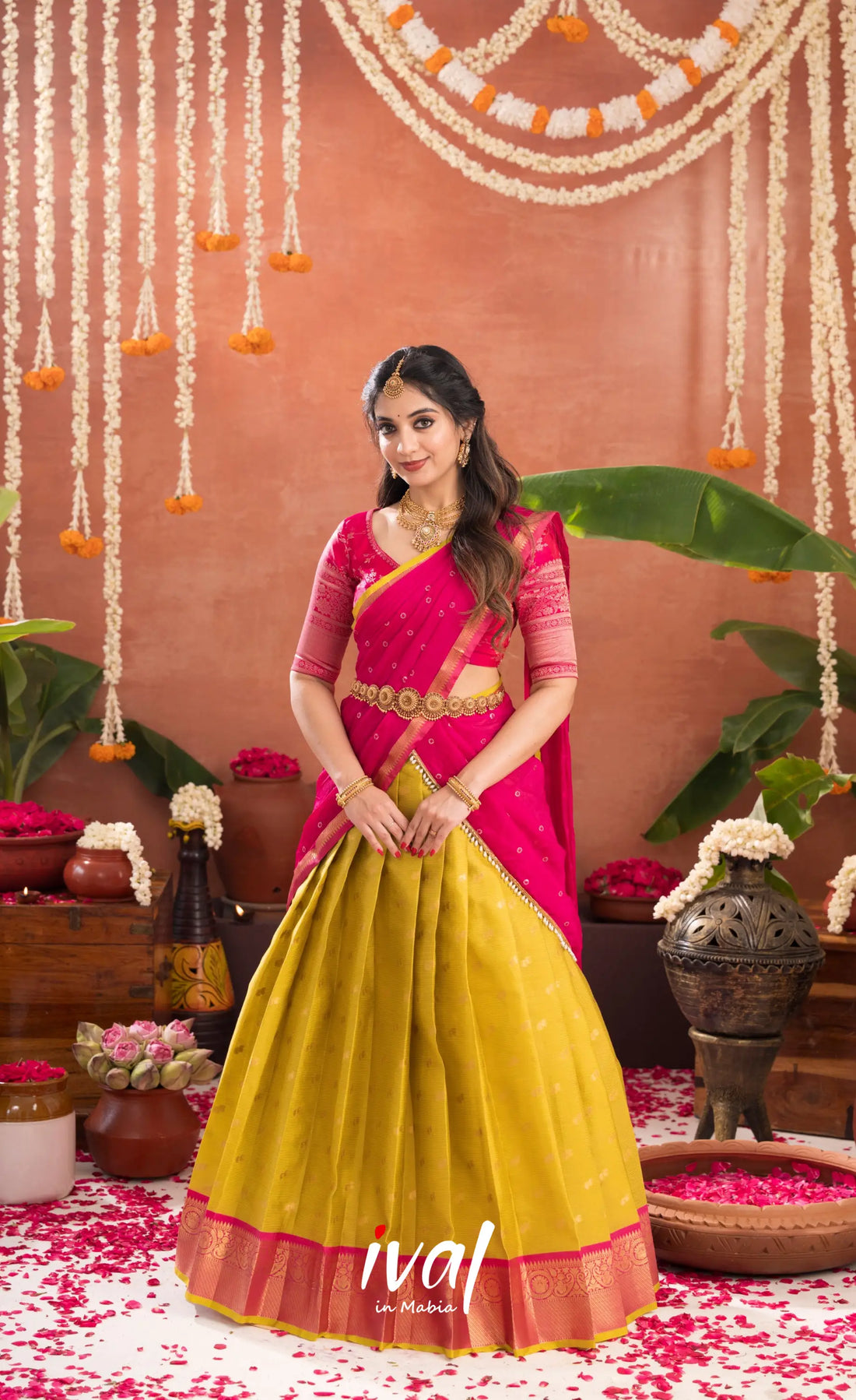 Izhaiyini Organza Halfsaree - Henna Yellow and Rani pink - Half Sarees