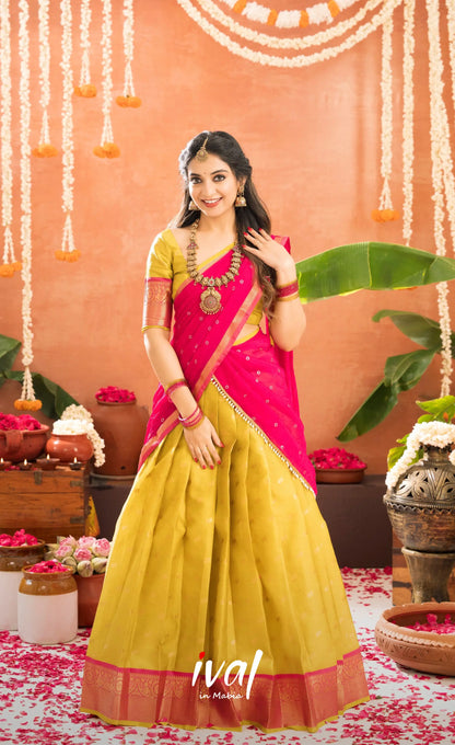 Izhaiyini Organza Halfsaree - Henna Yellow and Rani pink - Half Sarees